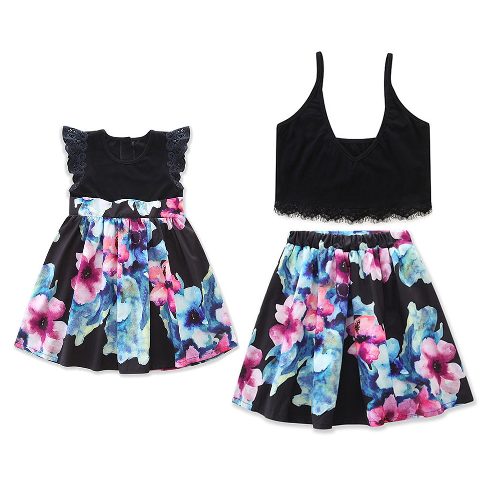 Mommy and Me Matching Outfits Flower Printed Sleeveless Dress / Skirt Sets