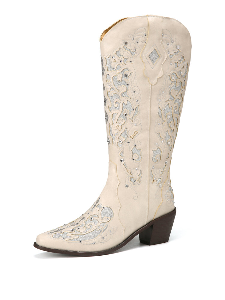 LOSTISY Women Large Size Retro Elegant Rhinestone Pointed Toe Mid-Calf Cowboy Boots