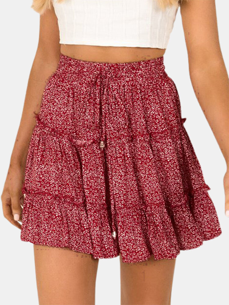 

Floral Print Ruffle Layered Drawstring Elastic High Waist Short Skirt, Red