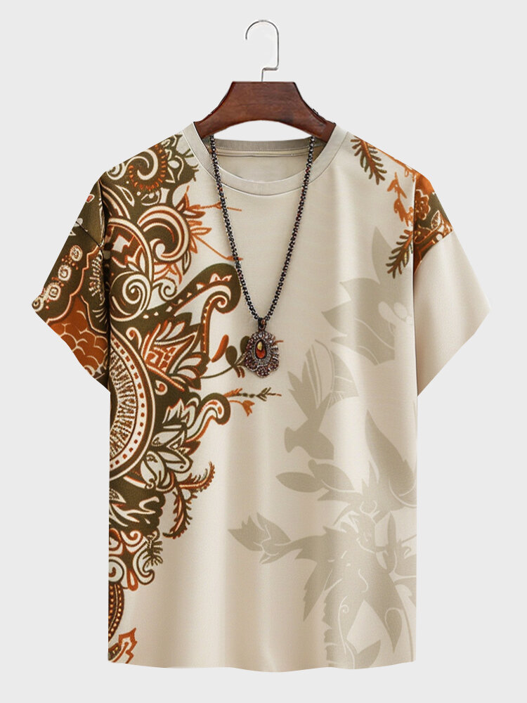 Herren Chinesisch Vintage Blumendruck Rundhals Kurzarm T-Shirts