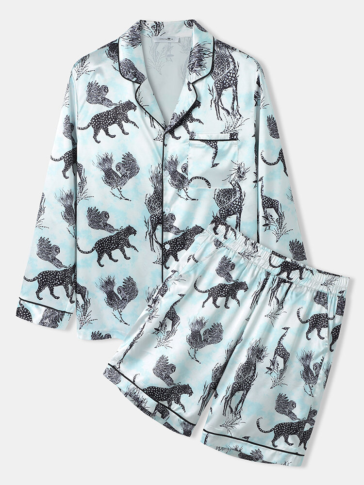

Men Allover Animal Print Lapel Collar Smooth Home Pajama Sets, Blue