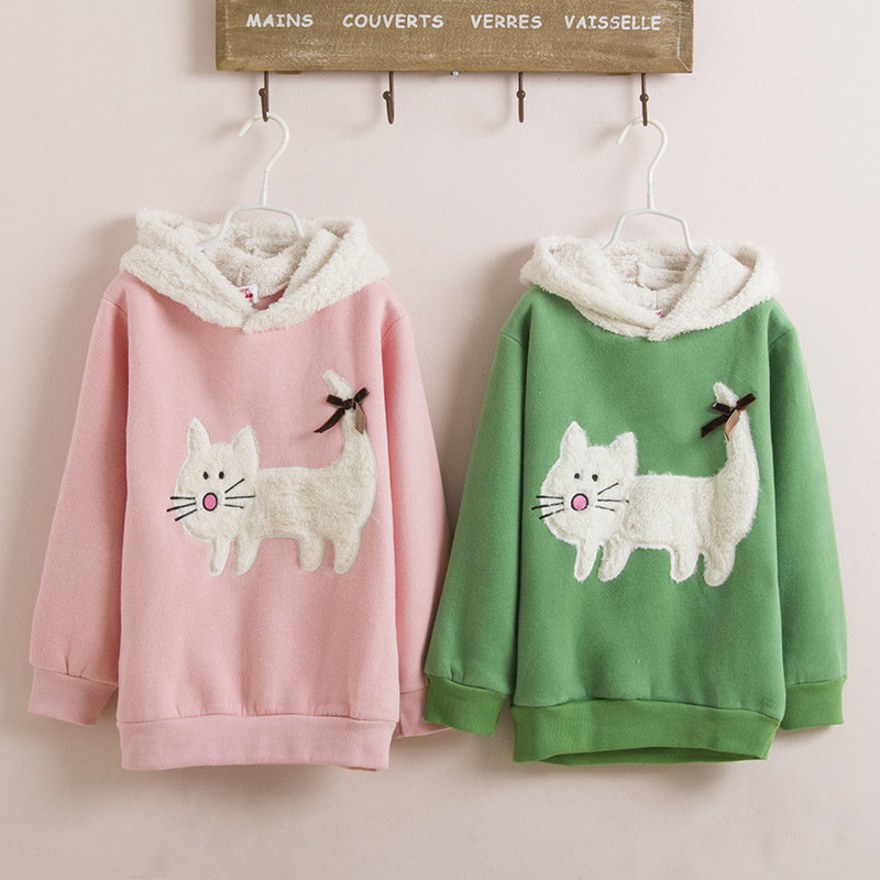 Cat Pattern Hooded Girls Kids Long Sleeve Sweatshirt For 3Y-11Y