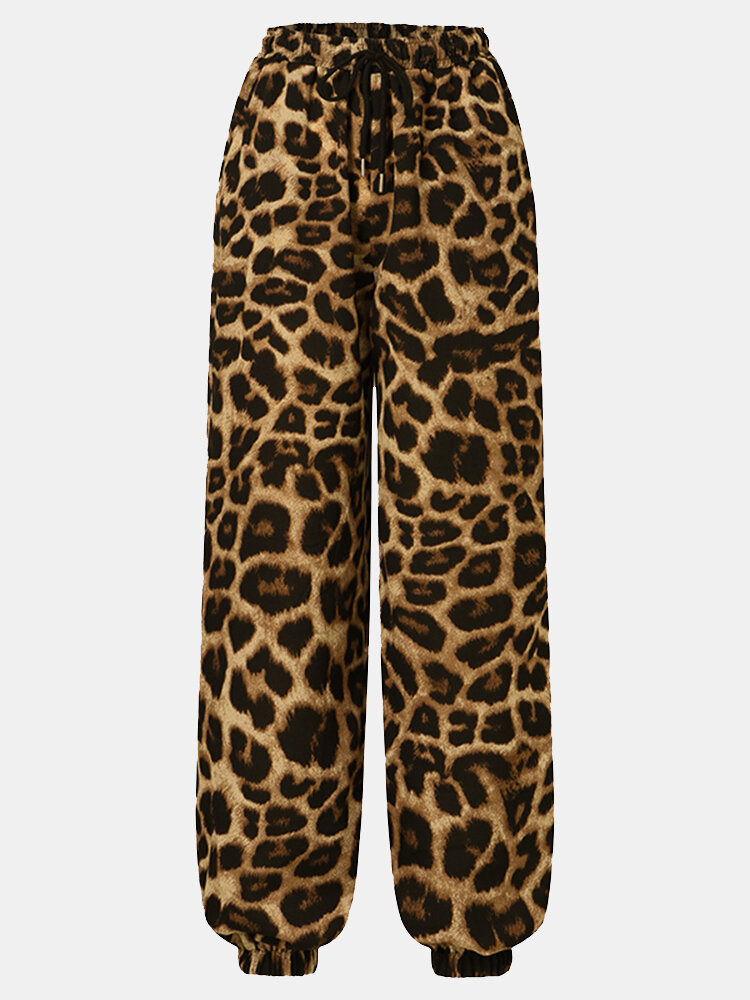 Leopard Print Drawstring Pocket Long Casual Pants for Women