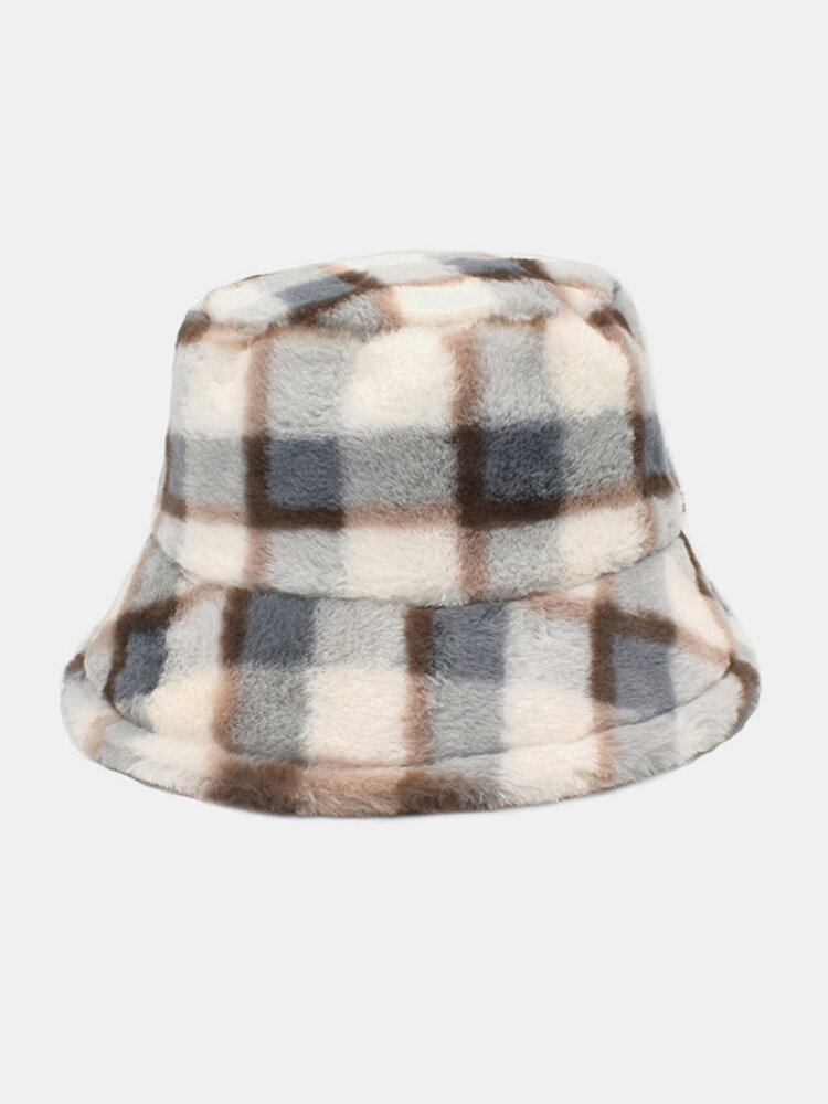 Women Lamb Fur Contrast Color Warm Casual Couple Hat Bucket Hat