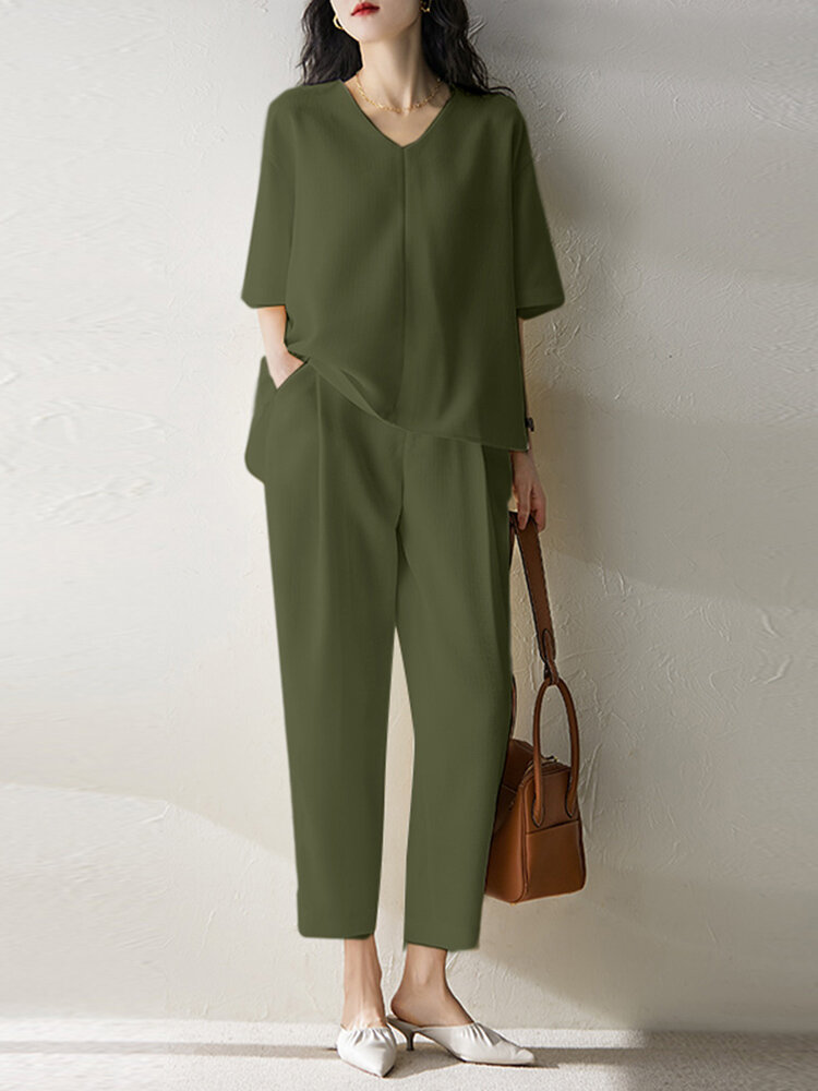

Women Solid Half V-neck Pocket Two Pieces Suit, Black;apricot;khaki;green