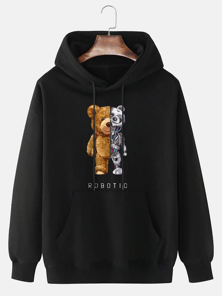 Mens Mechanical Bear Print Cotton Daily Drawstring Pullover Hoodie-7 Colors
