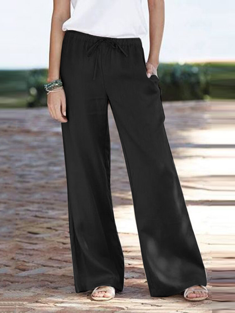 Solid Pocket Casual Straight Leg Pants For Women