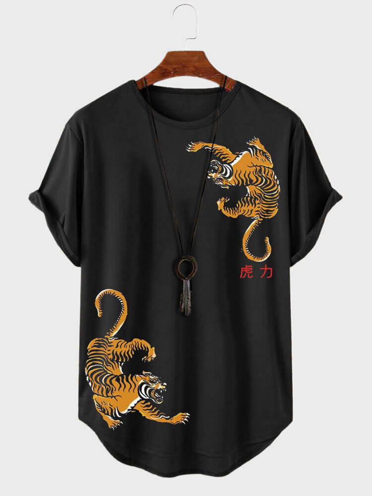 Camisetas masculinas de manga curta com estampa de tigre chinês com bainha curva