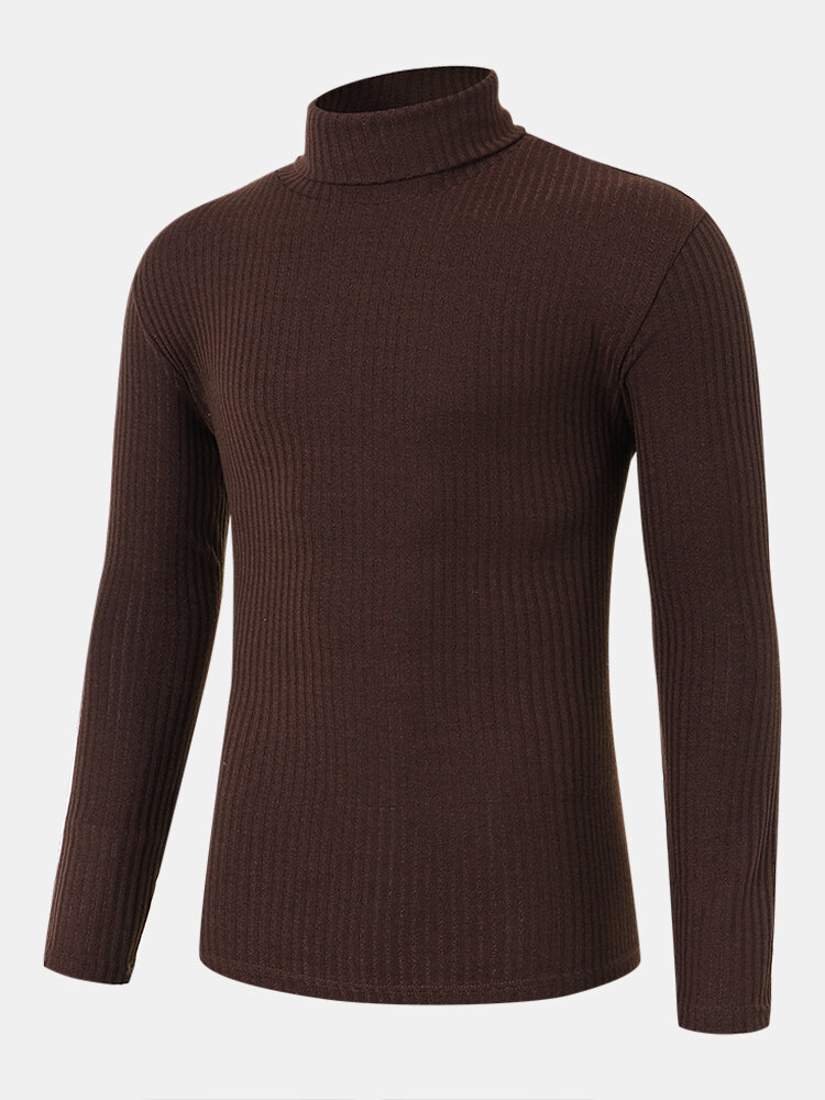 Mens Solid Color Turtleneck Ribbed Knit Basics Long Sleeve T-Shirts