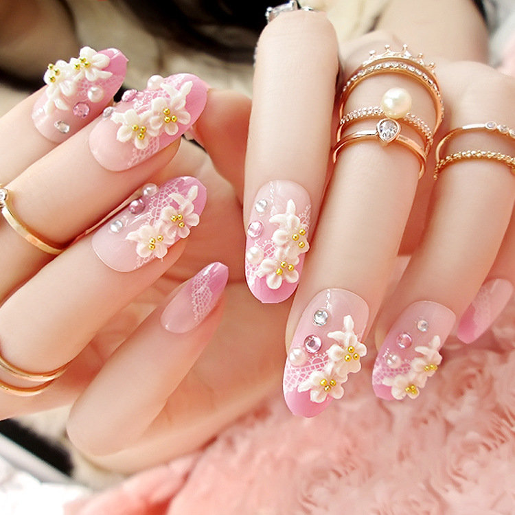 

Carved Stereoscopic Flower Fake Nails Pink Rhinestone Nail Tips For Nail Art Artificial Nails