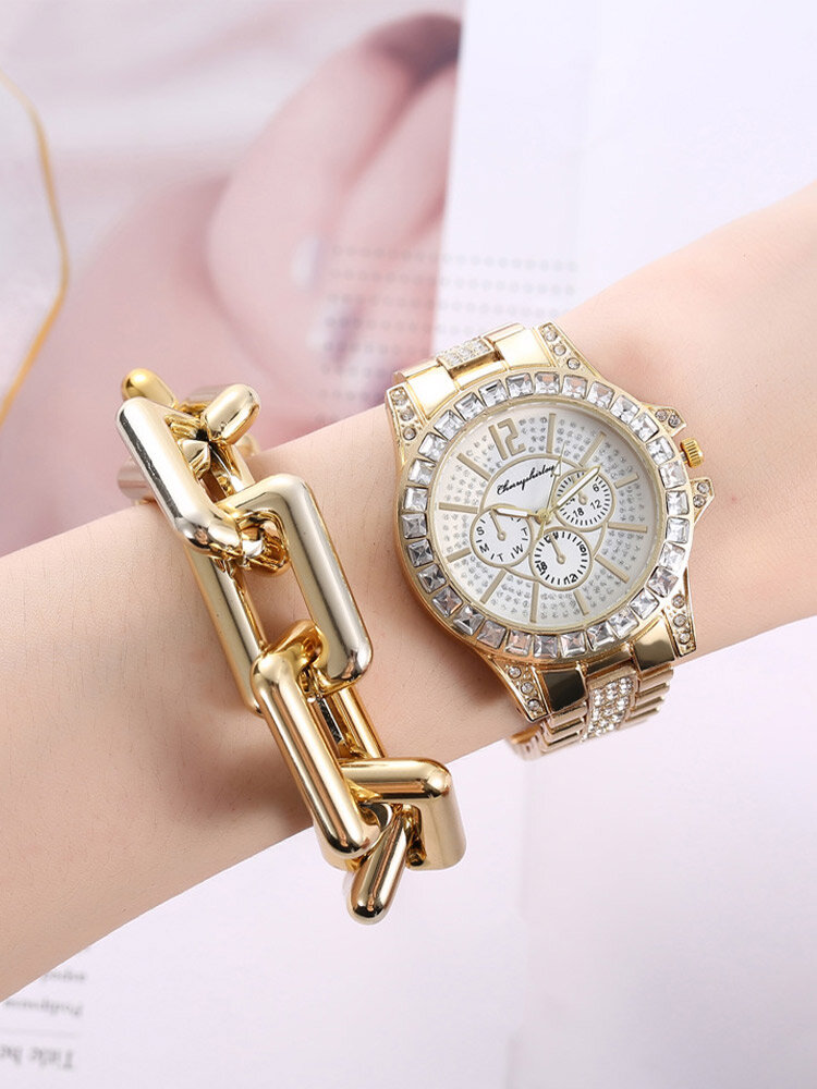 4 Pcs/Set Alloy Women Trendy Full Rhinestone Watch Decorated Pointer Quartz Watch Thick Chain Necklace Earrings Bracelet