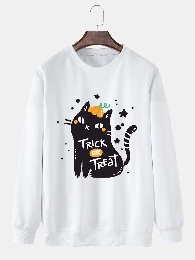ChArmkpR Mens Cartoon Cat Letter Print Crew Neck Loose Pullover Sweatshirts