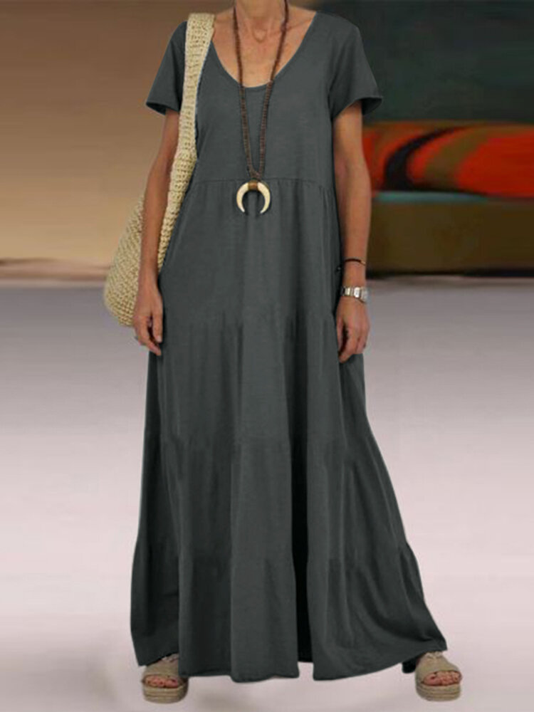 ZANZEA Solid Short Sleeve V-neck Maxi Dress For Women Shopping Online ...