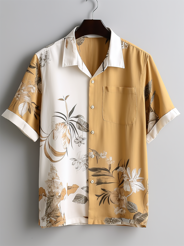 メンズ熱帯植物プリント パッチワーク ハワイアン バケーション半袖シャツ
