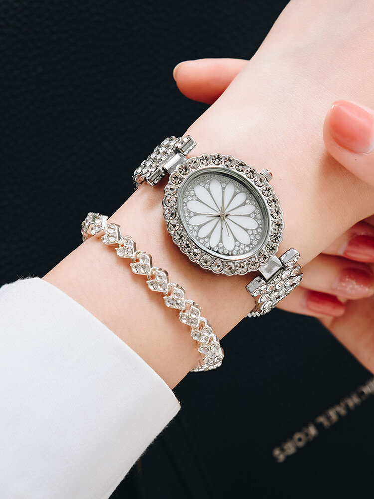 2 Pcs/Set Women Trendy Full Rhinestone Lace Oval-shaped Dial Watch Decorated Pointer Quartz Watch Full Rhinestones Bracelet