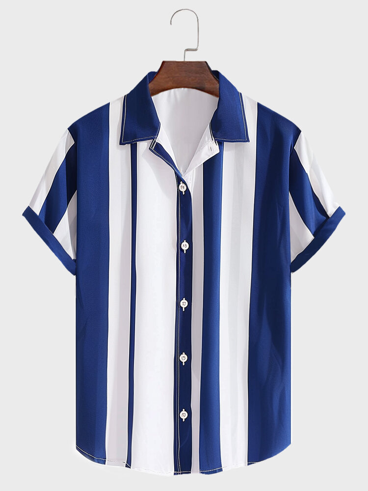 

Mens Striped Lapel Button Up Casual Short Sleeve Shirts, Dark blue;yellow