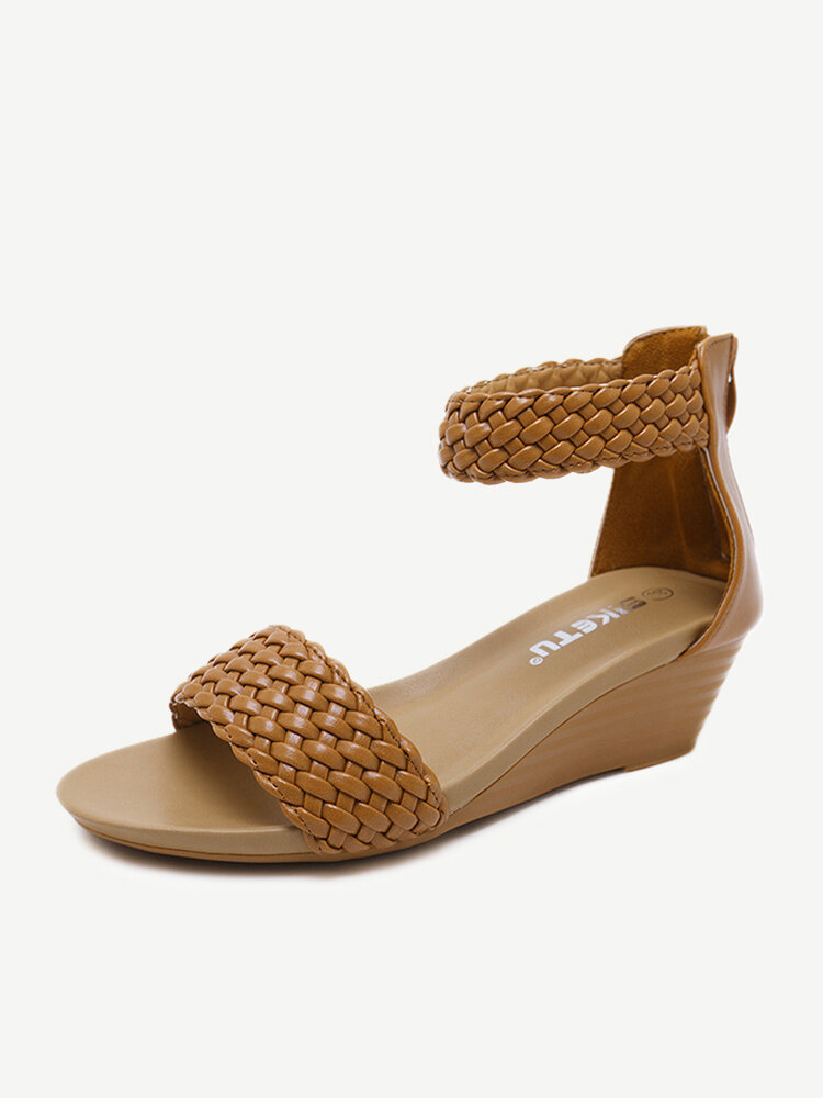 Women Casual Weave Zipper Wedges Heel Sandals
