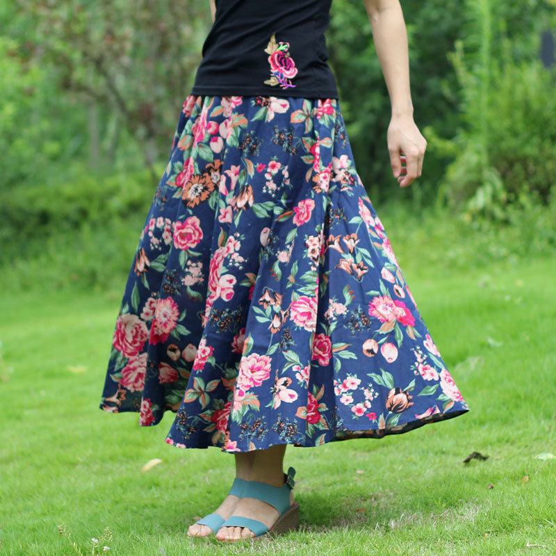 Cotton And Linen Bohemian Loose Hem Printed Skirts Beach Skirt 