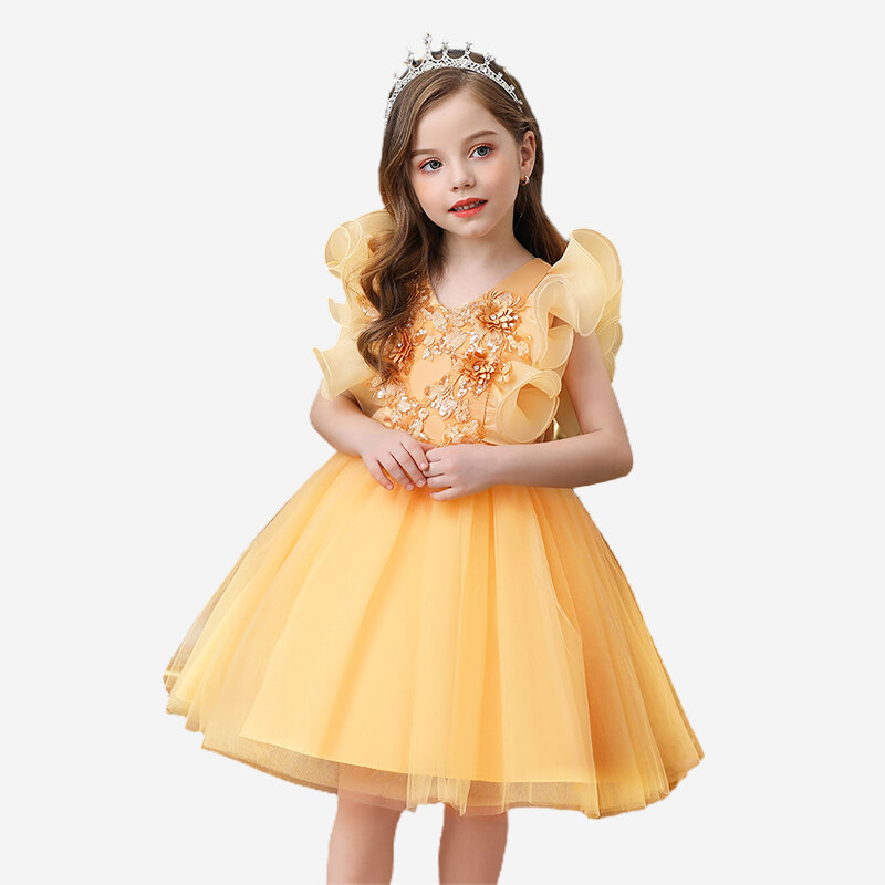 

Girl's Flower Patchwork Ruffle Sleeves Tulle Princess Wedding Birthday Dress For 3-11Y, Yellow;blue;pink;red;dark purple