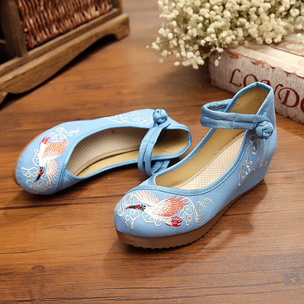 Crane Cloud Embroidery Chinese Knot National Wind Lace Up Wedge Heel Shoes