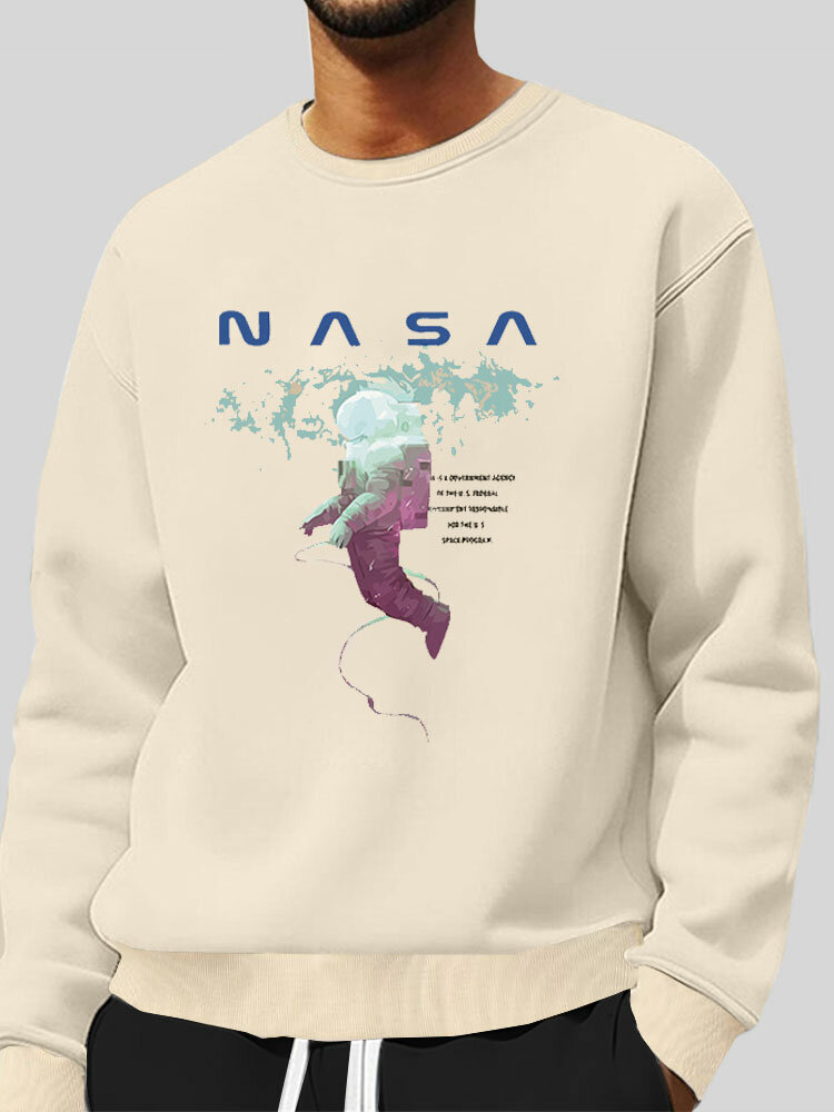 

Mens Astronaut Letter Print Crew Neck Pullover Sweatshirts, Khaki