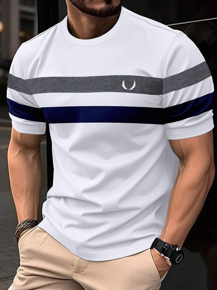 

Mens Striped Patchwork Crew Neck Casual Short Sleeve T-Shirts, White