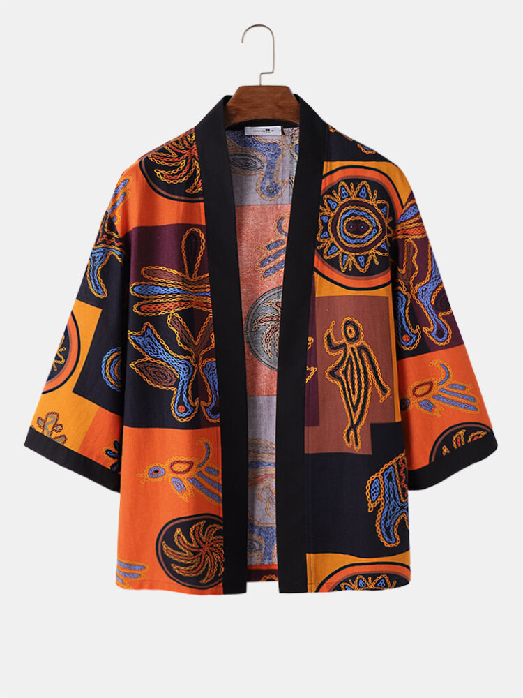 Mens Ethnic Totem Color Block Contrast Trim Cotton Kimono