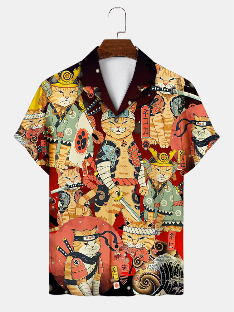 Mens Allover Japanese Gato Print Revere Collar Camisas de manga corta