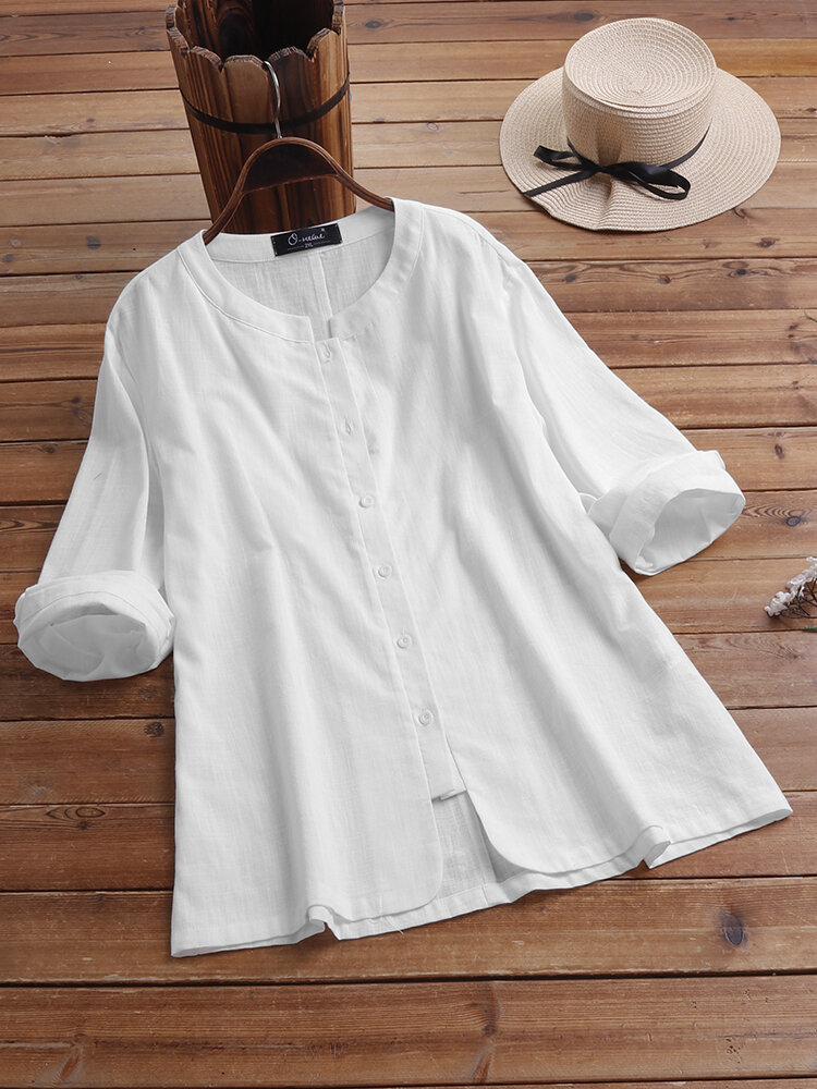 

Casual Short Opening Long Sleeve Cotton Plus Size Shirt, White