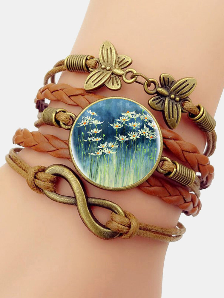 Mehrschichtiges Armband mit geflochtenem Edelstein im Vintage-Stil mit weißem Blumenmuster und Schmetterlingsdruck