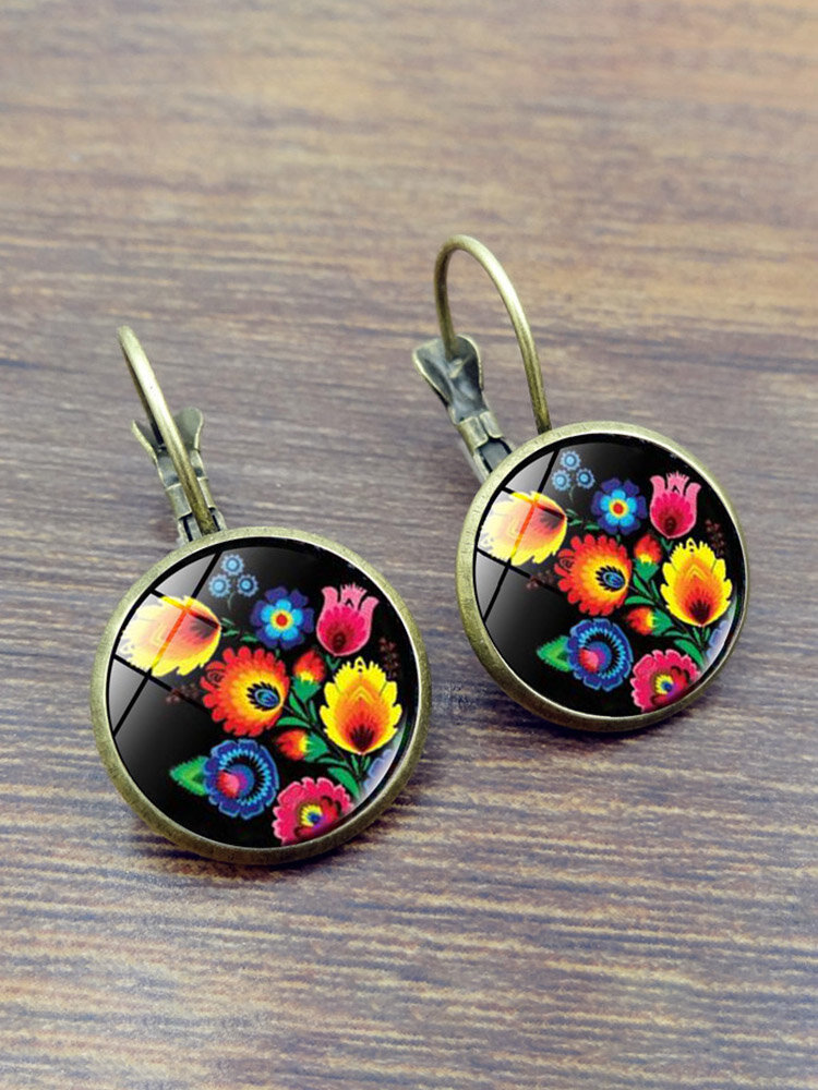 Vintage Polish Folk Art Patterns Earrings Unique Flowers Pictures  Color Print Glass Crystal Ear Drop Female Jewelry