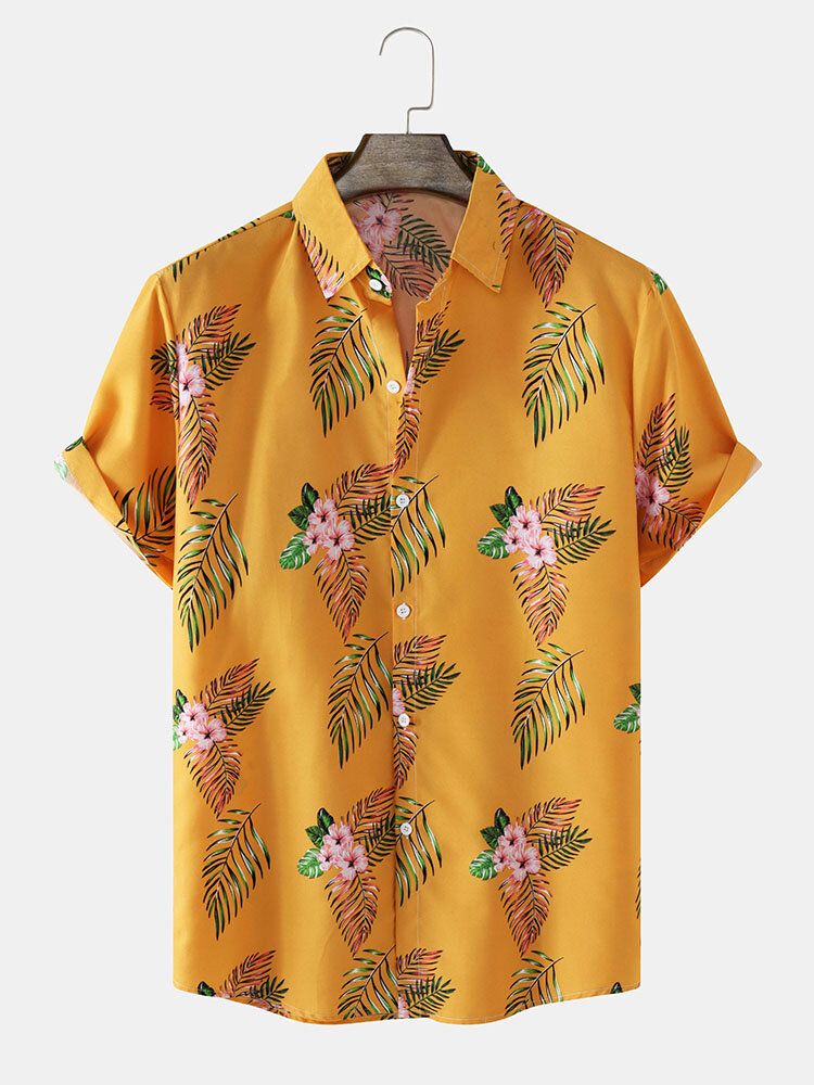 Mens Leaf Flower Pattern Lapel Holiday Short Sleeve Shirt