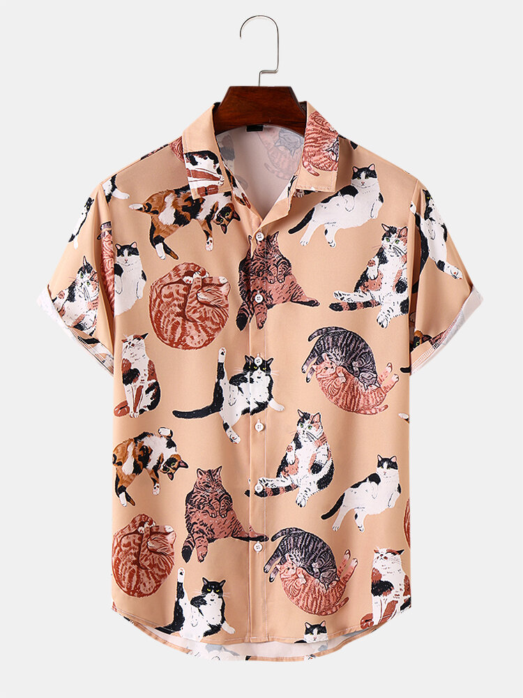

Mens Allover Cats Print Short Sleeve Front Buttons Shirts, Apricot