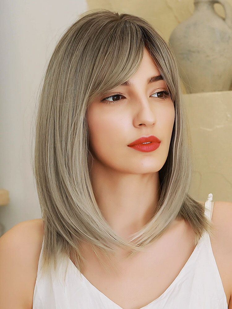 

14 Inch Gray Gradient Light Gold Synthetic Fiber Wig Naturally Fluffy Medium Long Straight Hair