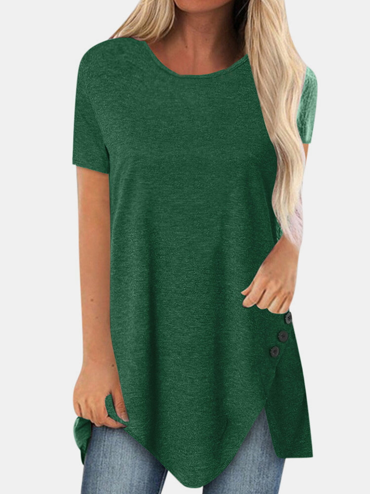 

Solid Color Side Button Short Sleeve Splited Casual T-shirt For Women, Black;green;grey;khaki;wine red