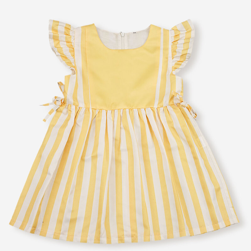 

Girl's Yellow Striped Flying Sleeves Casual Dress For 1-5Y