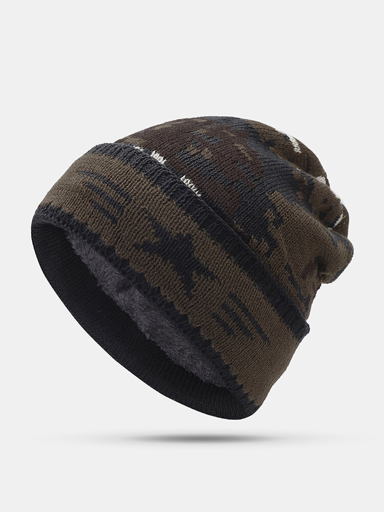 Mens Camouflage Wool Plush Beanie Hat Vintage Good Elastic Vintage Warm Winter Caps