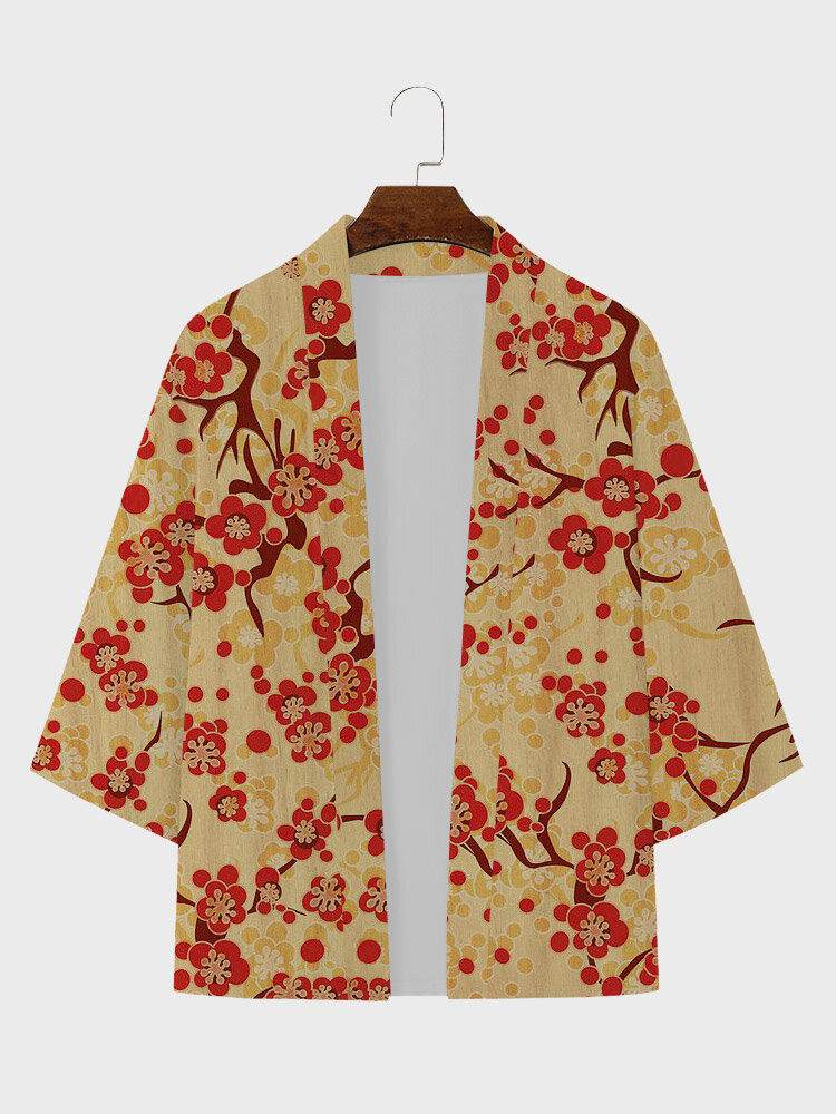 

Mens Allover Japanese Floral Print Open Front 3/4 Sleeve Kimono, Apricot