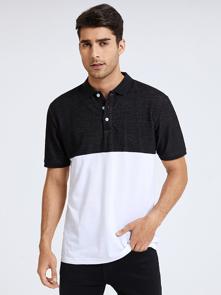 Mens 100% Cotton Denim Patchwork Short Sleeve Golf Shirt