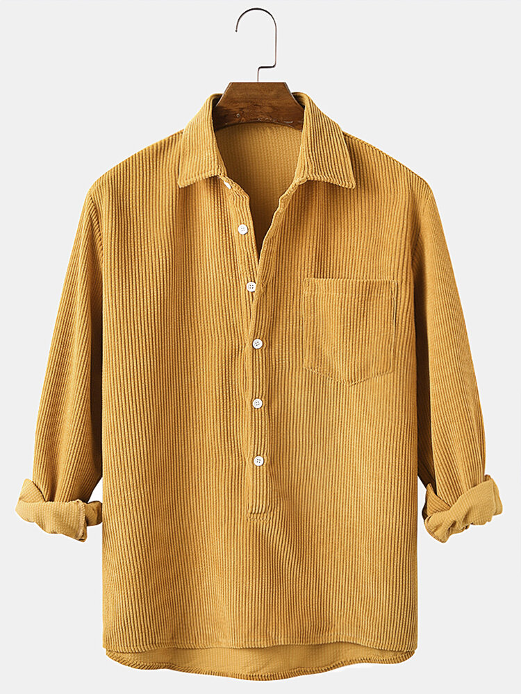 Mens Solid Color Corduroy Designed Casual Long Sleeve Shirts