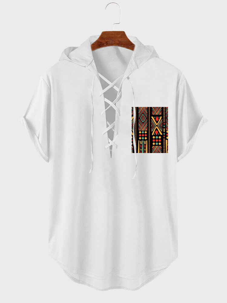 

Mens Ethnic Geometric Print Lace-Up Curved Hem Hooded T-Shirts, White;black