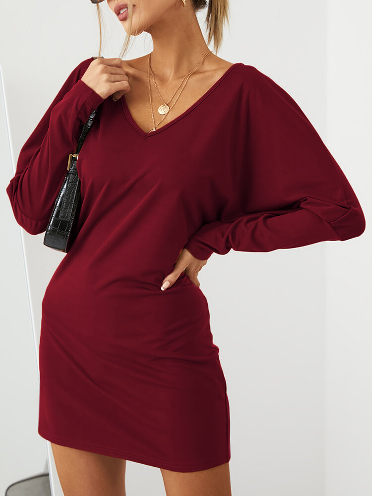 Solid Color Dolman Long Sleeve V-neck Casual Dress For Women