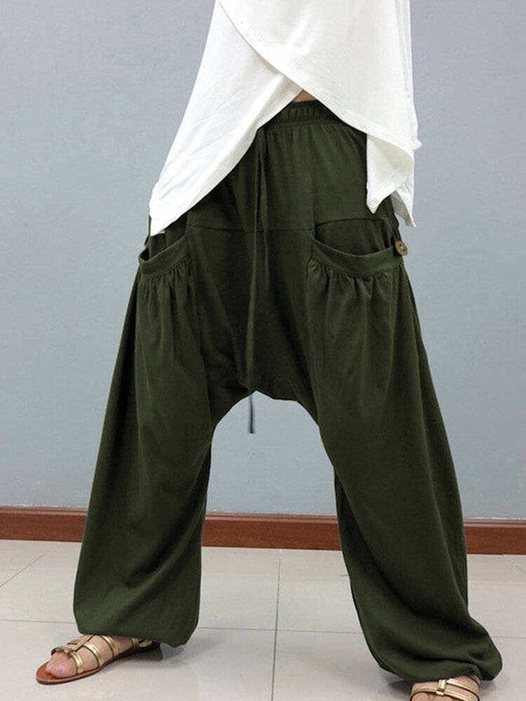 Elastic Waist Drop-crotch Loose Stylish Plus Size Pants With Front Pockets