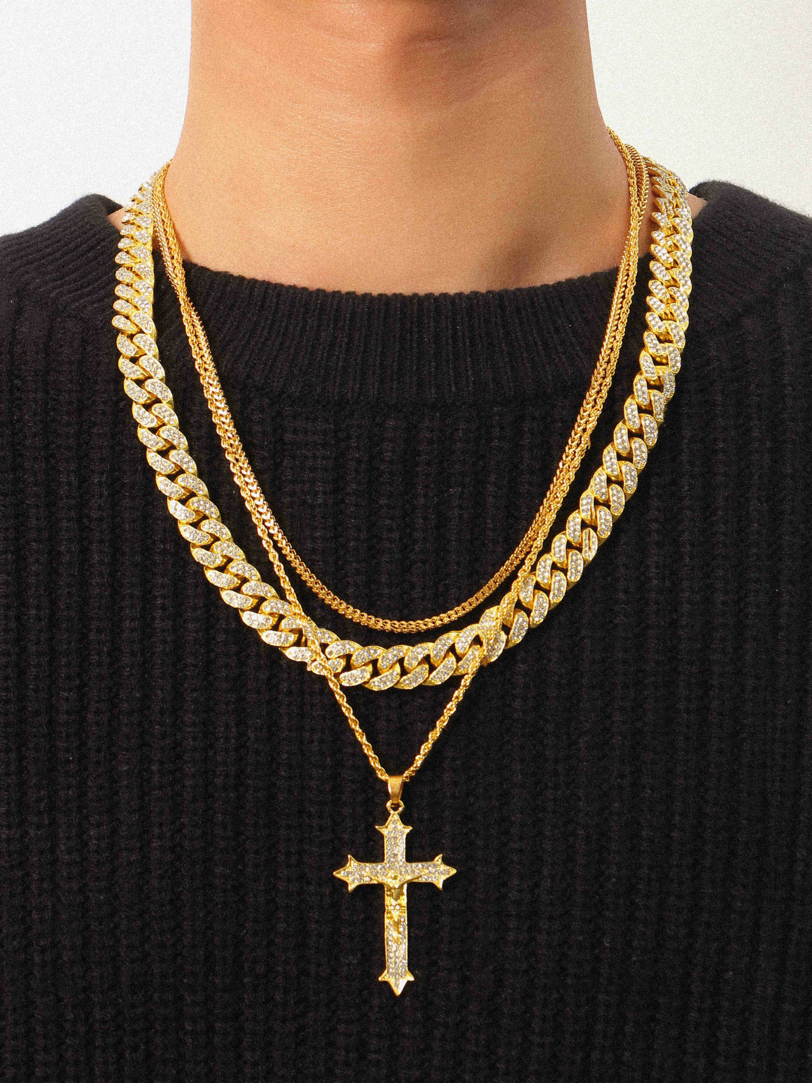 3 Pcs Trendy Hip Hop Jesus Statue Decoration Cross Pendant Cuban Chain Alloy Rhinestone Necklaces Set
