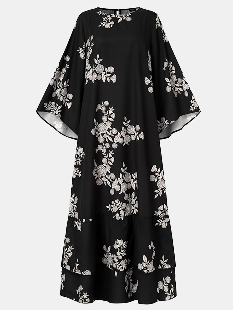 Blumendruck O-Ausschnitt Langarm Maxi Kleid Für Damen