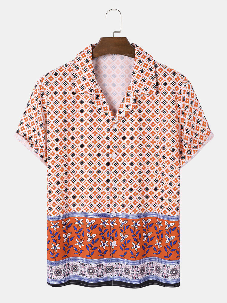 Mens Floral Geometric Printed Ethnic Style Short Sleeve Shirts