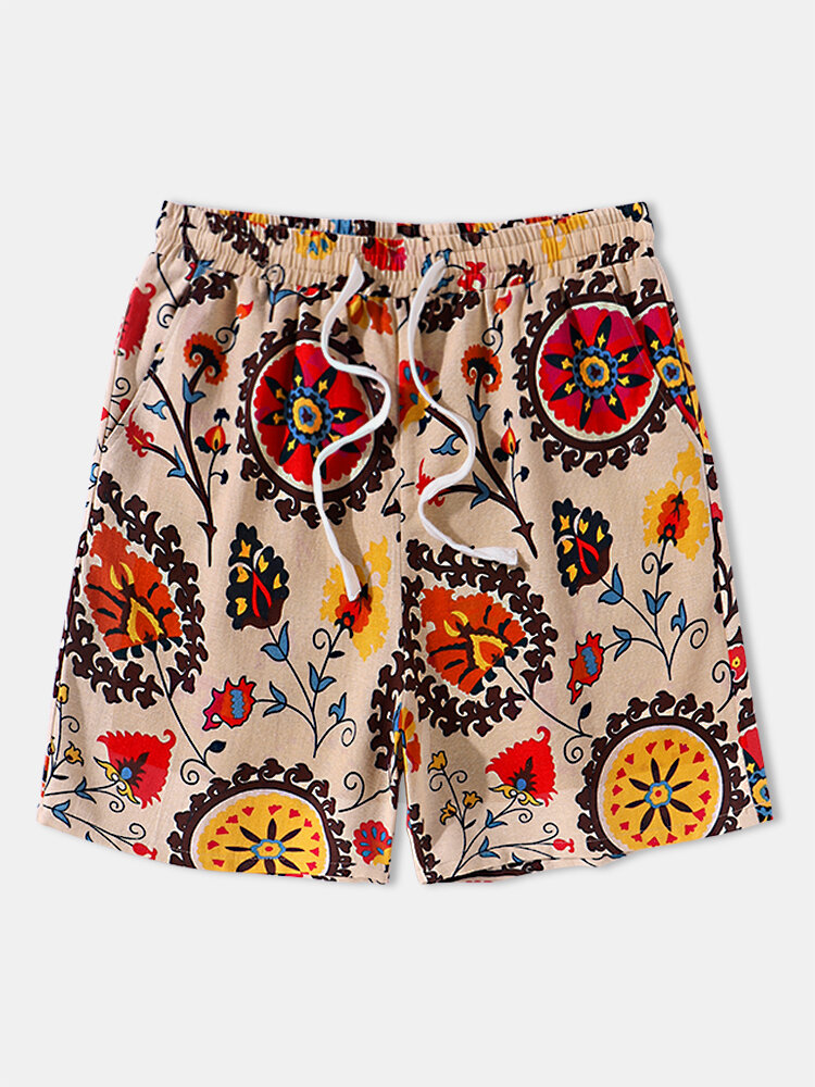 Mens Floral Totem Print Casual Drawstring Waist Shorts