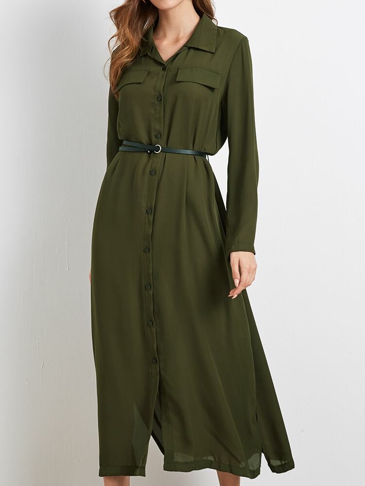 Solid Color Long Sleeve Button Lapel Maxi Dress With Belt