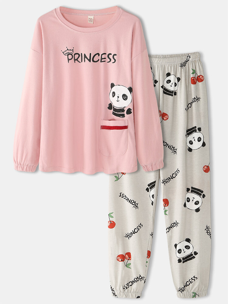 

Women Plus Size Princess Cartoon Panda Print Cotton Two-Piece Home Pajamas Set With Pocket, Pink