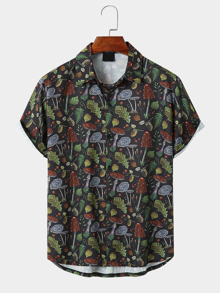 Mens Mushroom Leaf Print Button Up Short Sleeve Shirts